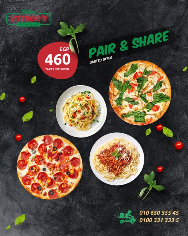 Four different dishes including pizza, pasta, and salad arranged on a dark background.