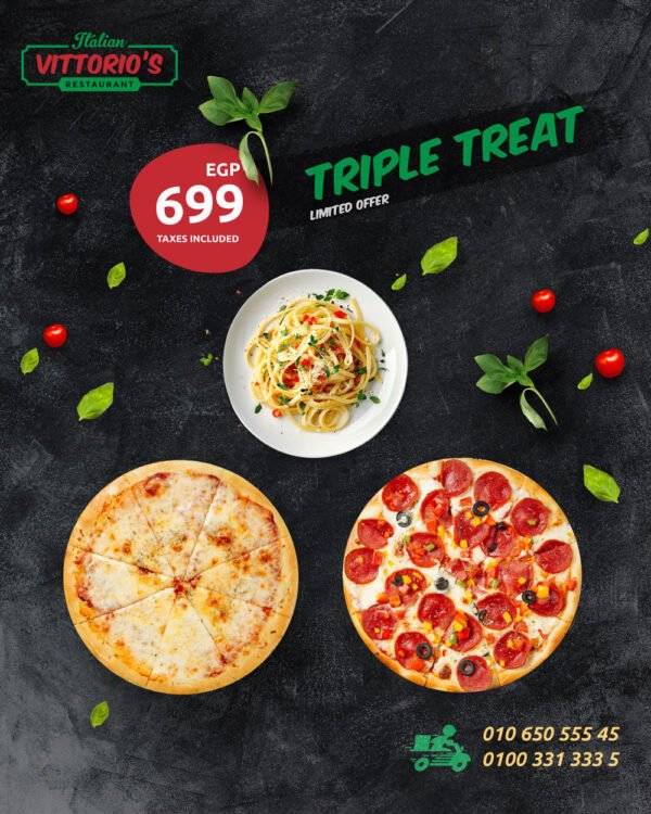 A meal featuring three pizzas and a bowl of pasta with herbs and cherry tomatoes.